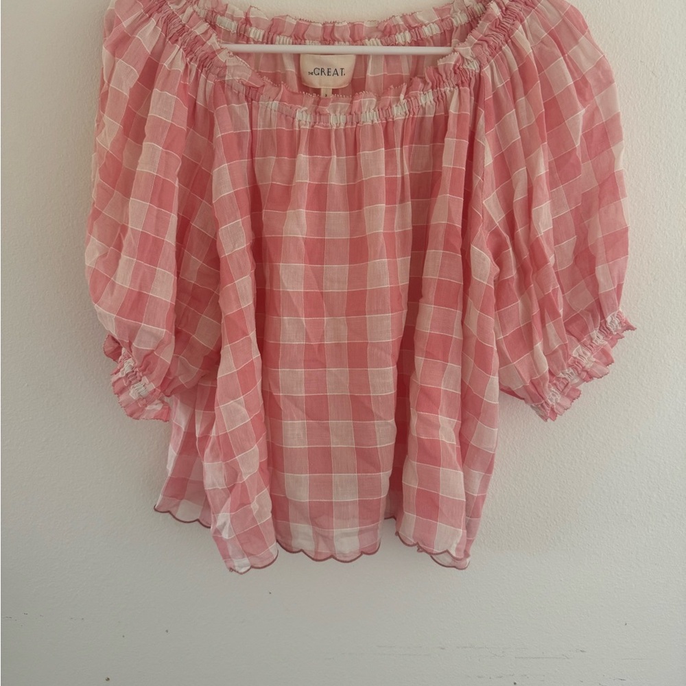 The Great. Pink Gingham Off-Shoulder Top/ Blouse